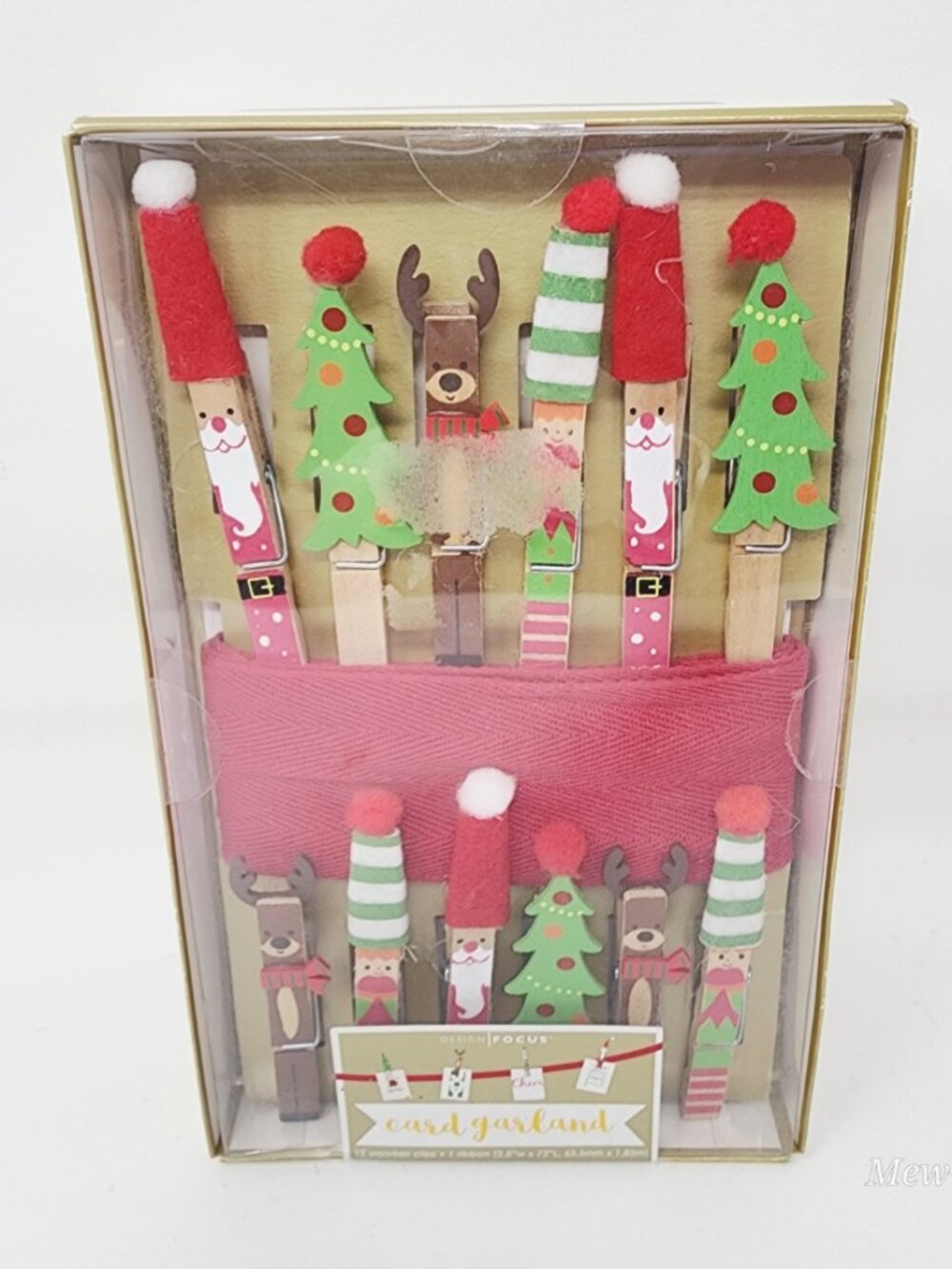 Card Garland 12 Wooded Christmas Pegs Clips and 1 Ribbon (2.5"w x 72"L)